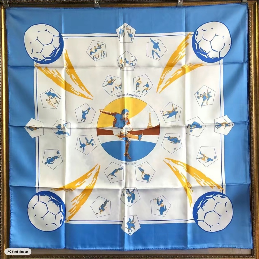 Hermes soccer Motif Silk Scarf in Blue, White & Yellow